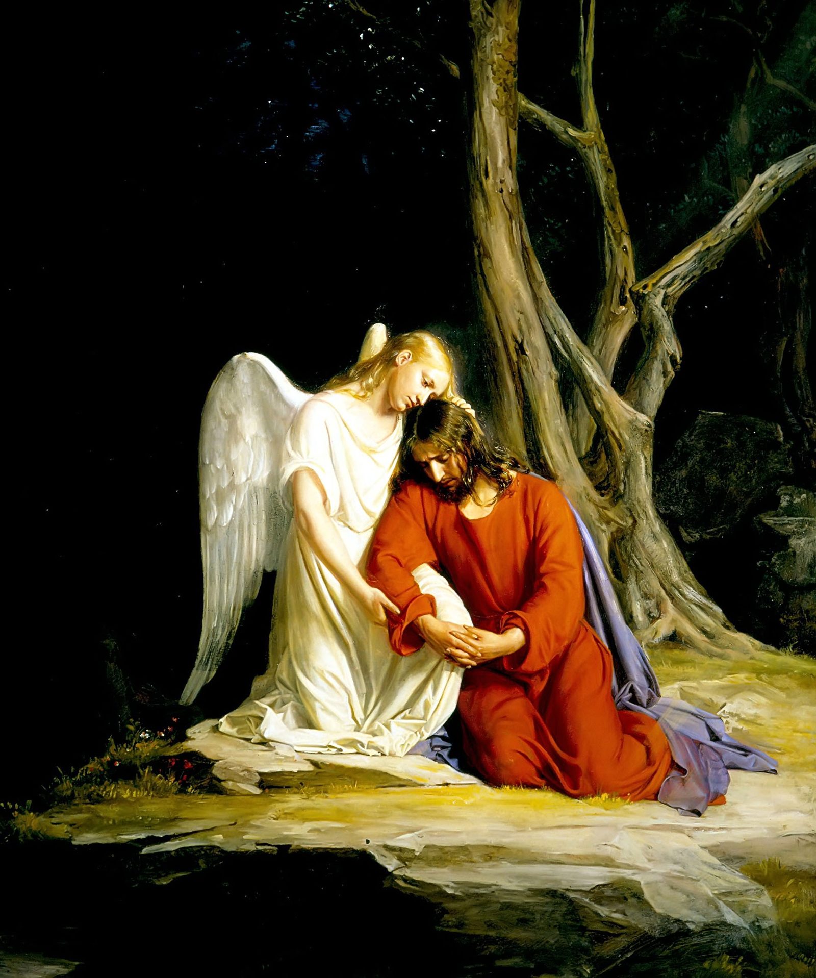 Carl Bloch's painting of an angel comforting Jesus Christ as He kneels in prayer in the Garden of Gethsemane