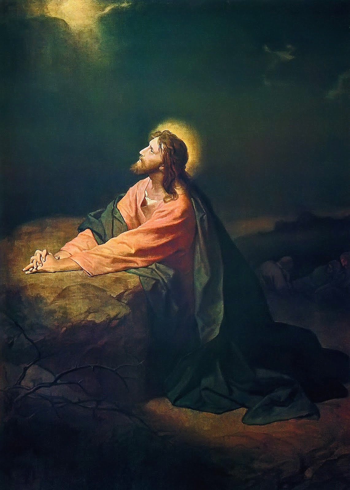 Heinrich Hofmann's painting of Jesus Christ praying in the Garden of Gethsemane, looking up toward heaven