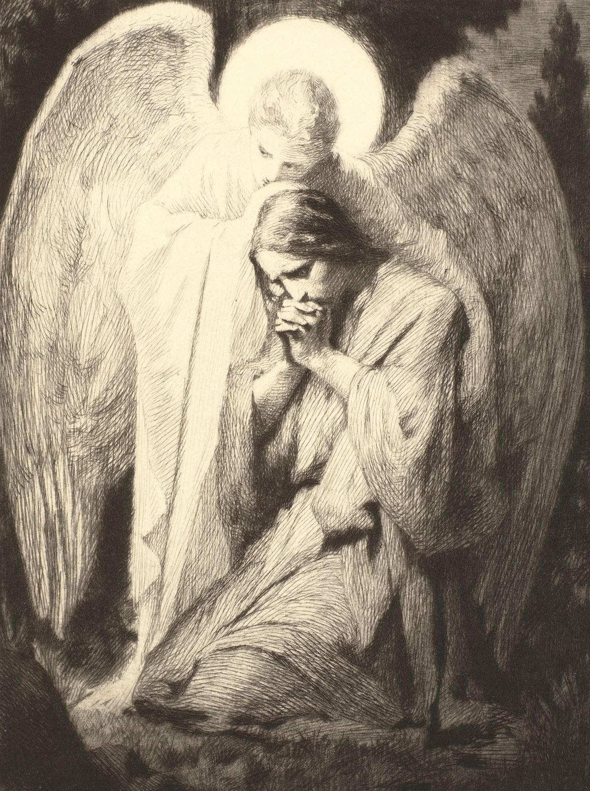 Frans Schwartz's etching of an angel embracing Jesus Christ as He kneels and prays in Gethsemane